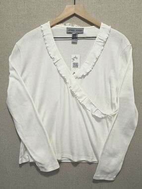 Jones Jeans White Ruffle Trim Wrap Neck Cotton Long Sleeve Top XL NWT